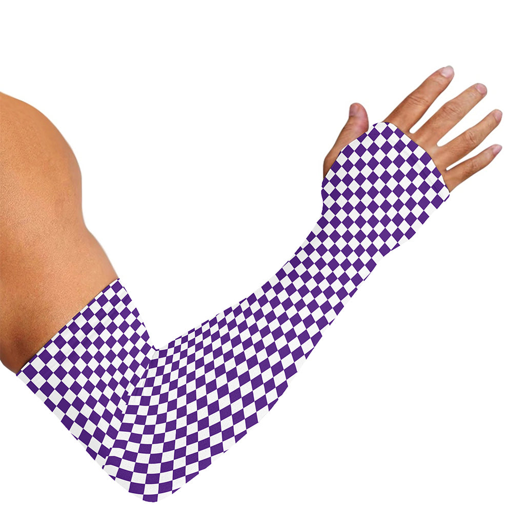 Purple And White Checkered Pattern Print Sun Protection Arm Sleeves