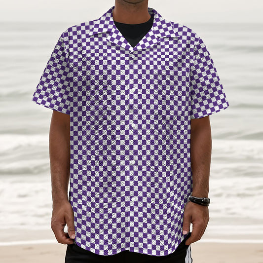 Purple And White Checkered Pattern Print Textured Short Sleeve Shirt