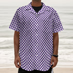 Purple And White Checkered Pattern Print Textured Short Sleeve Shirt