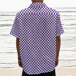 Purple And White Checkered Pattern Print Textured Short Sleeve Shirt
