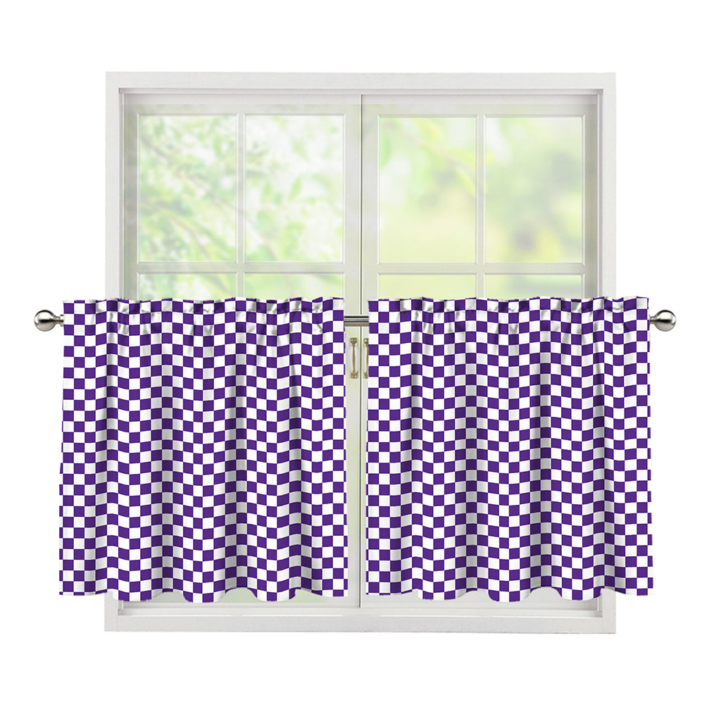 Purple And White Checkered Pattern Print Tier Curtains