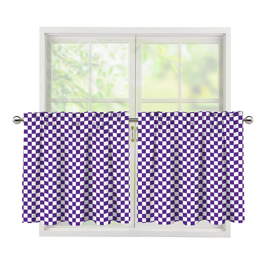 Purple And White Checkered Pattern Print Tier Curtains