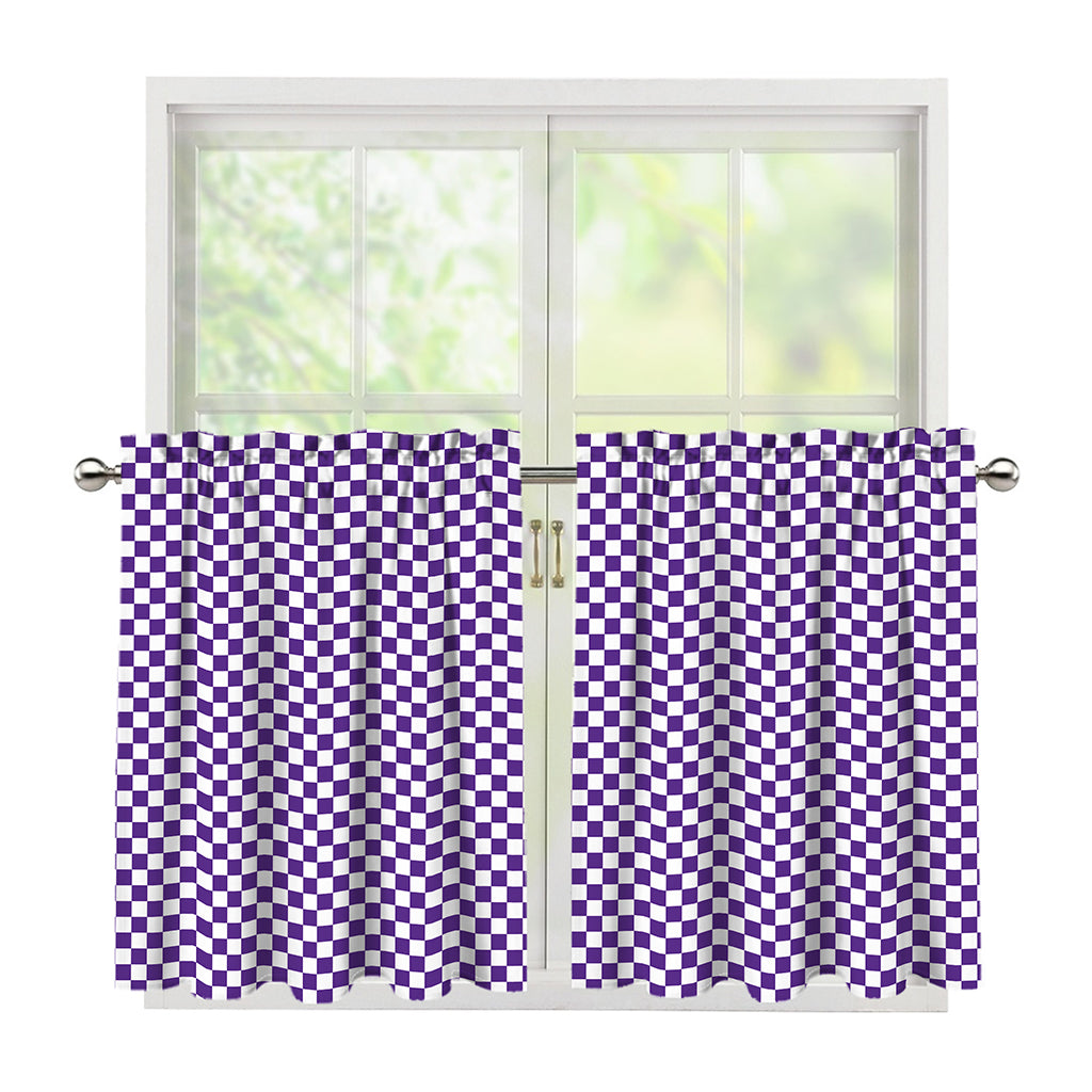 Purple And White Checkered Pattern Print Tier Curtains