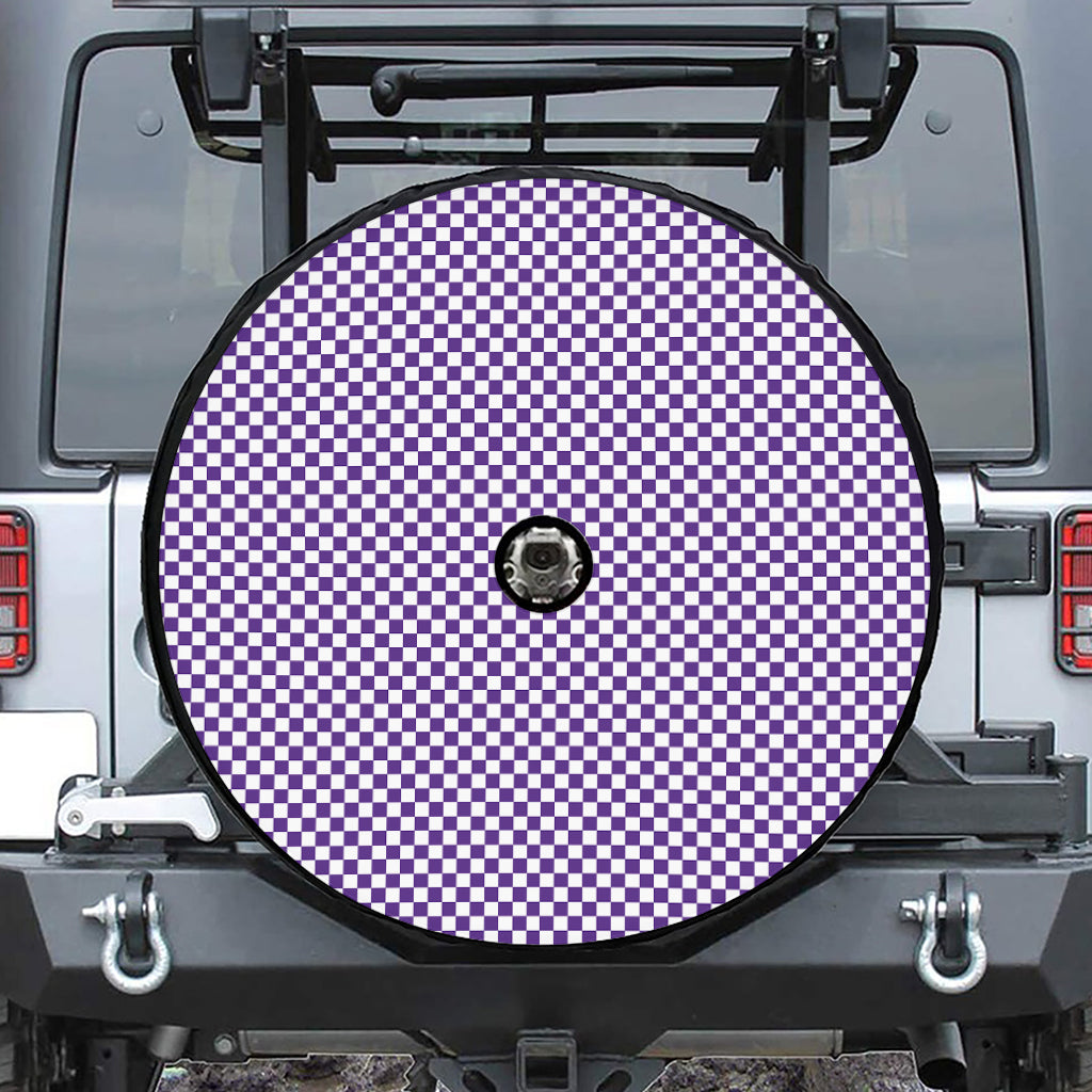 Purple And White Checkered Pattern Print Tire Cover With Camera Hole