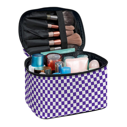 Purple And White Checkered Pattern Print Travel Makeup Bag
