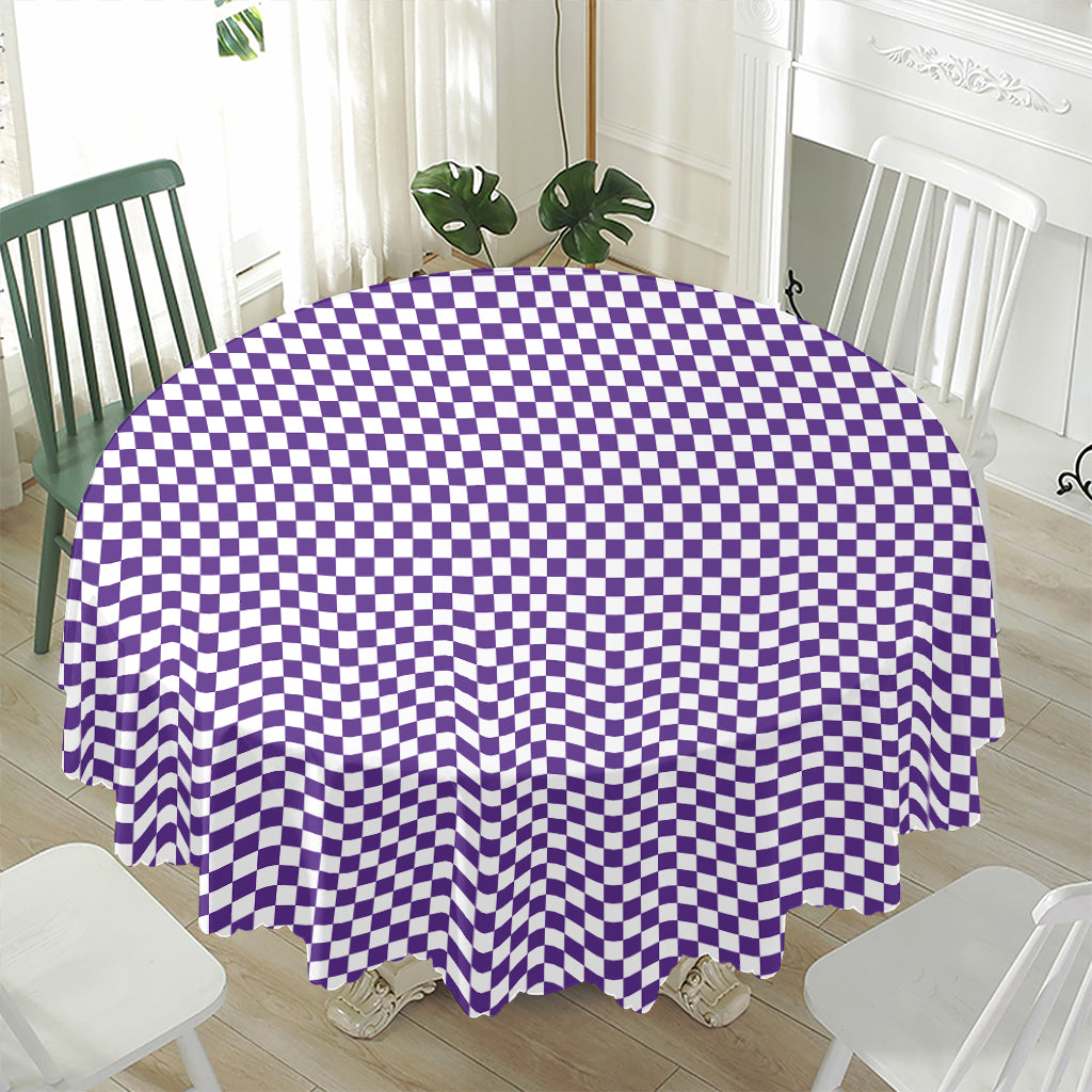 Purple And White Checkered Pattern Print Waterproof Round Tablecloth