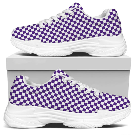 Purple And White Checkered Pattern Print White Chunky Shoes