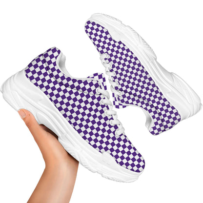 Purple And White Checkered Pattern Print White Chunky Shoes