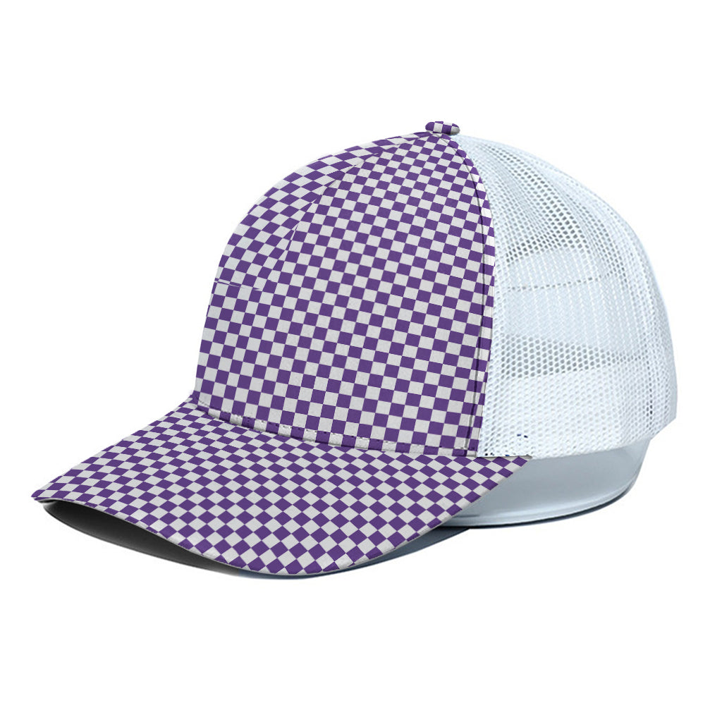 Purple And White Checkered Pattern Print White Mesh Trucker Cap