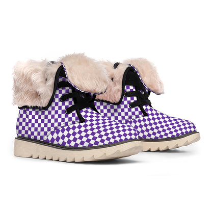 Purple And White Checkered Pattern Print Winter Boots