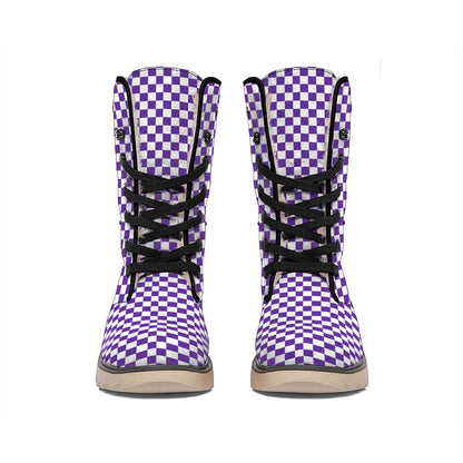 Purple And White Checkered Pattern Print Winter Boots