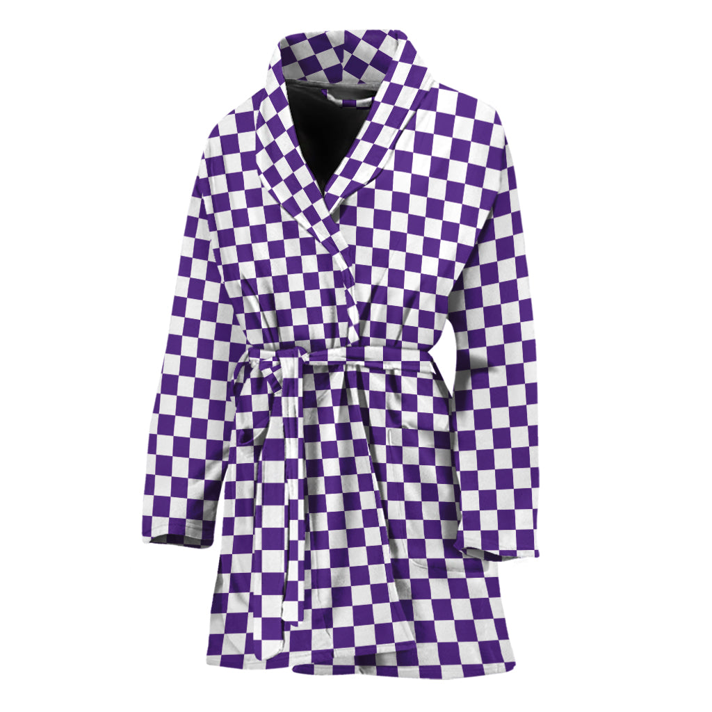 Purple And White Checkered Pattern Print Women's Bathrobe