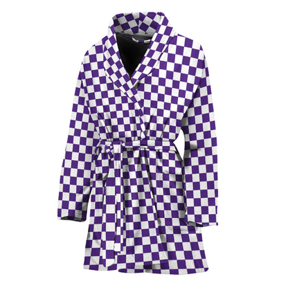 Purple And White Checkered Pattern Print Women's Bathrobe