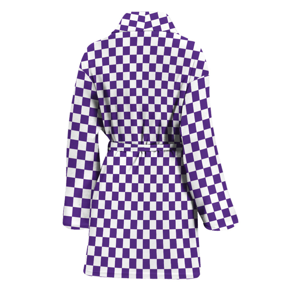 Purple And White Checkered Pattern Print Women's Bathrobe