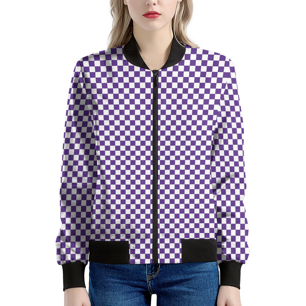 Purple And White Checkered Pattern Print Women's Bomber Jacket