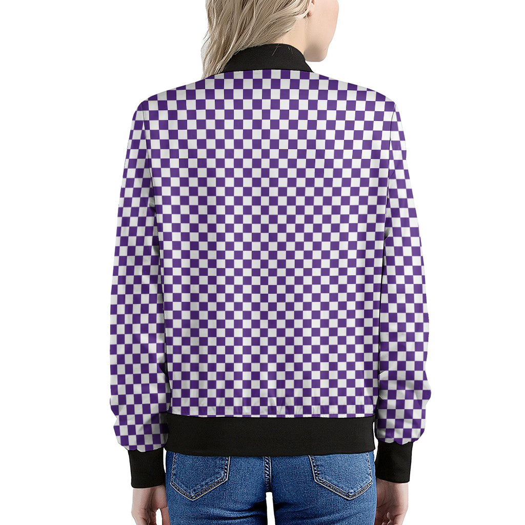 Purple And White Checkered Pattern Print Women's Bomber Jacket
