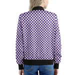 Purple And White Checkered Pattern Print Women's Bomber Jacket