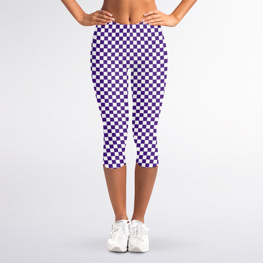 Purple And White Checkered Pattern Print Women's Capri Leggings