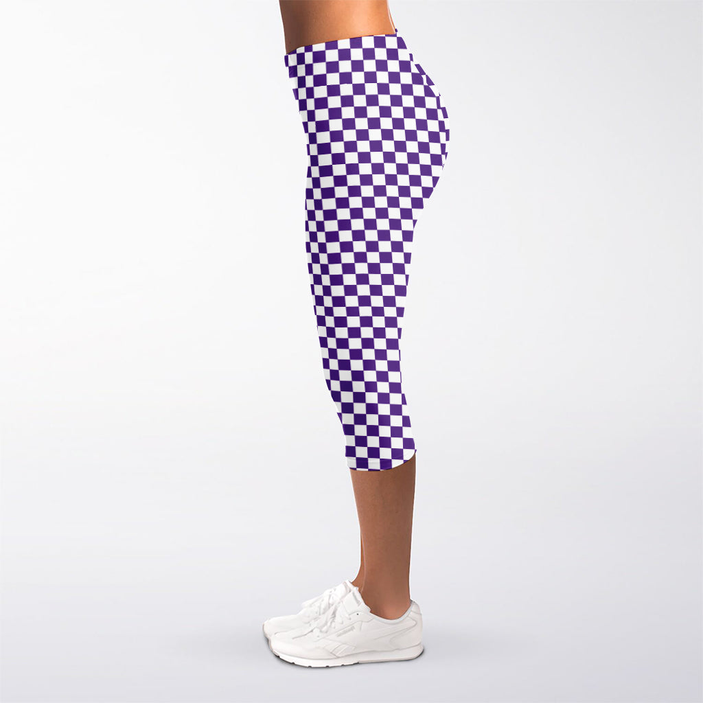 Purple And White Checkered Pattern Print Women's Capri Leggings
