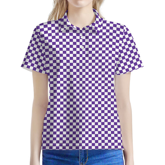 Purple And White Checkered Pattern Print Women's Polo Shirt