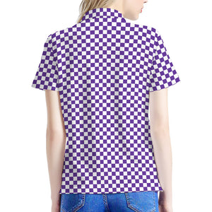 Purple And White Checkered Pattern Print Women's Polo Shirt