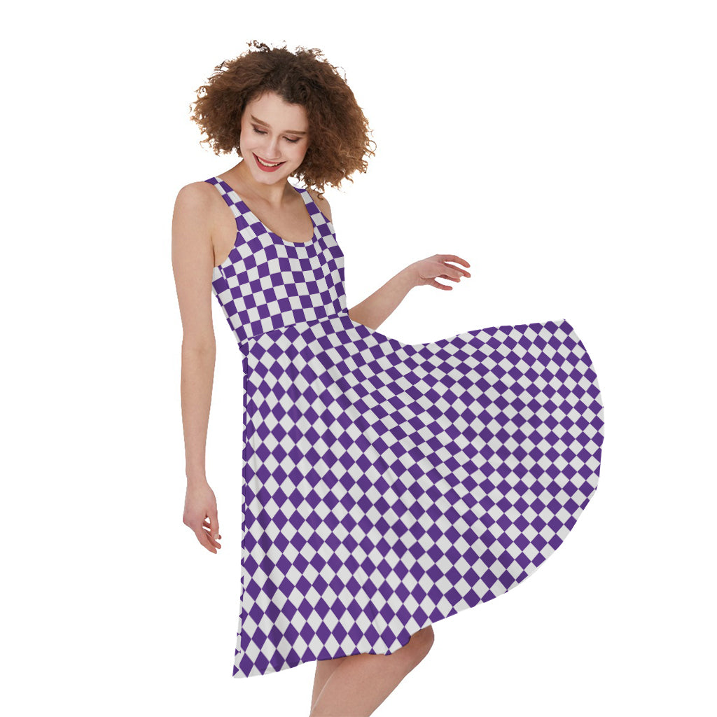 Purple And White Checkered Pattern Print Women's Sleeveless Dress