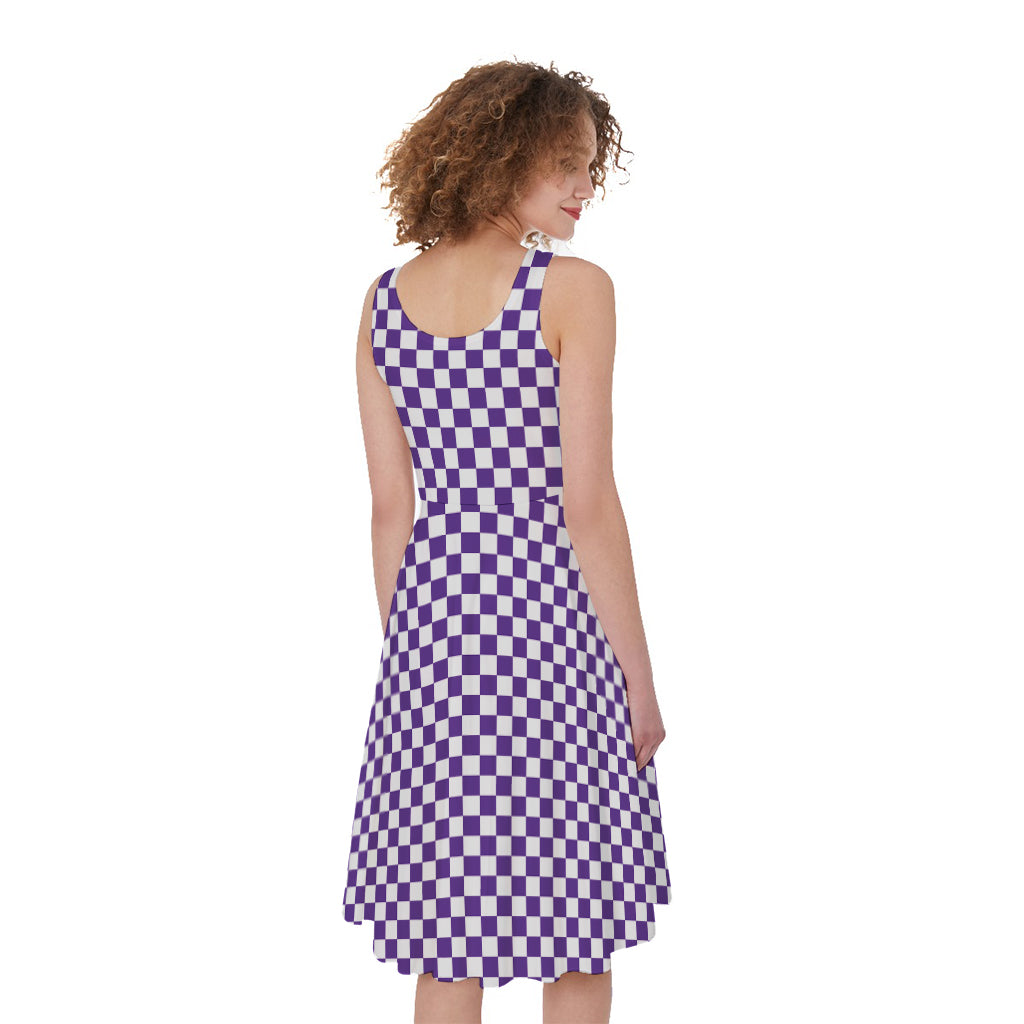 Purple And White Checkered Pattern Print Women's Sleeveless Dress