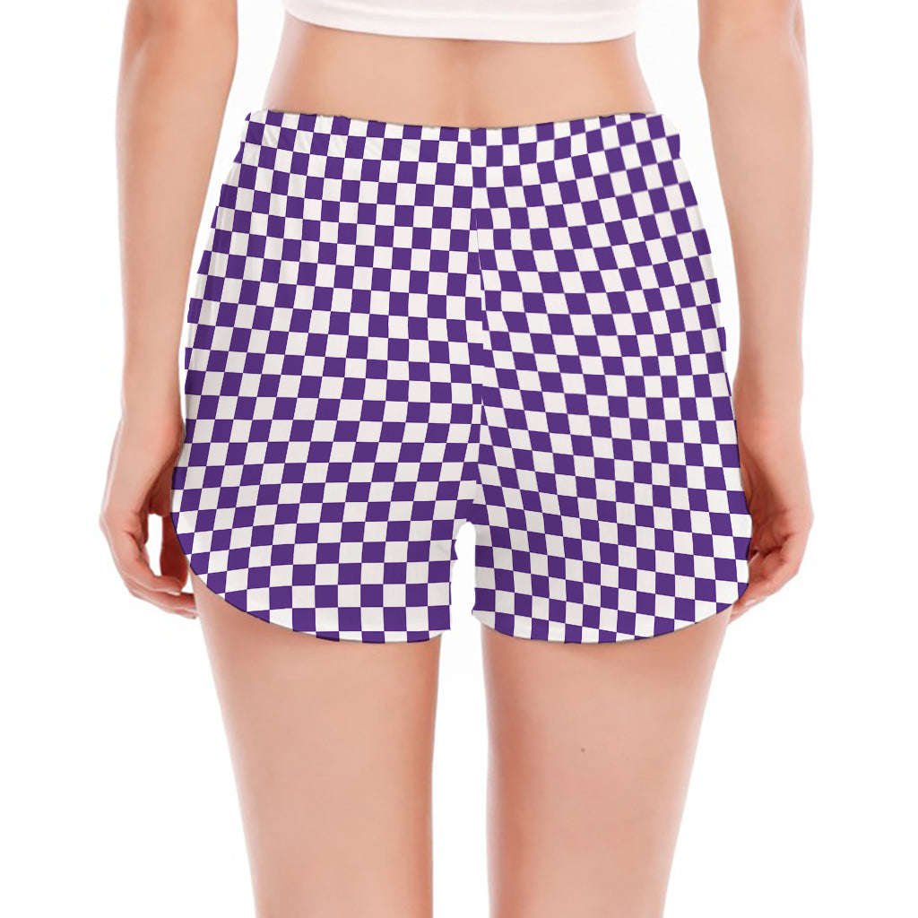 Purple And White Checkered Pattern Print Women's Split Running Shorts