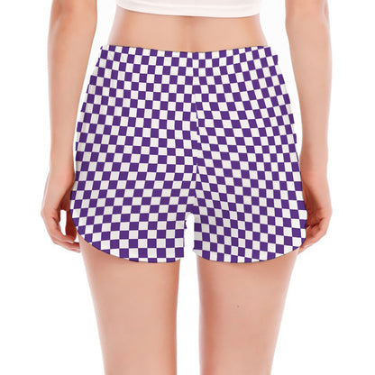 Purple And White Checkered Pattern Print Women's Split Running Shorts