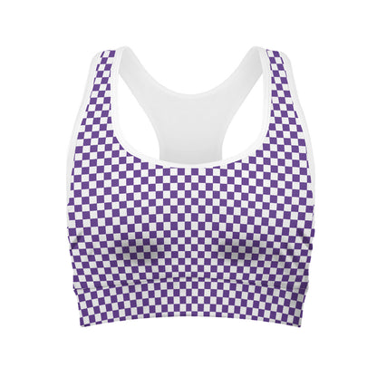 Purple And White Checkered Pattern Print Women's Sports Bra