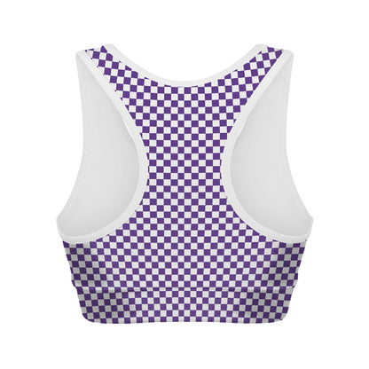 Purple And White Checkered Pattern Print Women's Sports Bra