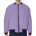 Purple And White Checkered Pattern Print Zip Sleeve Bomber Jacket
