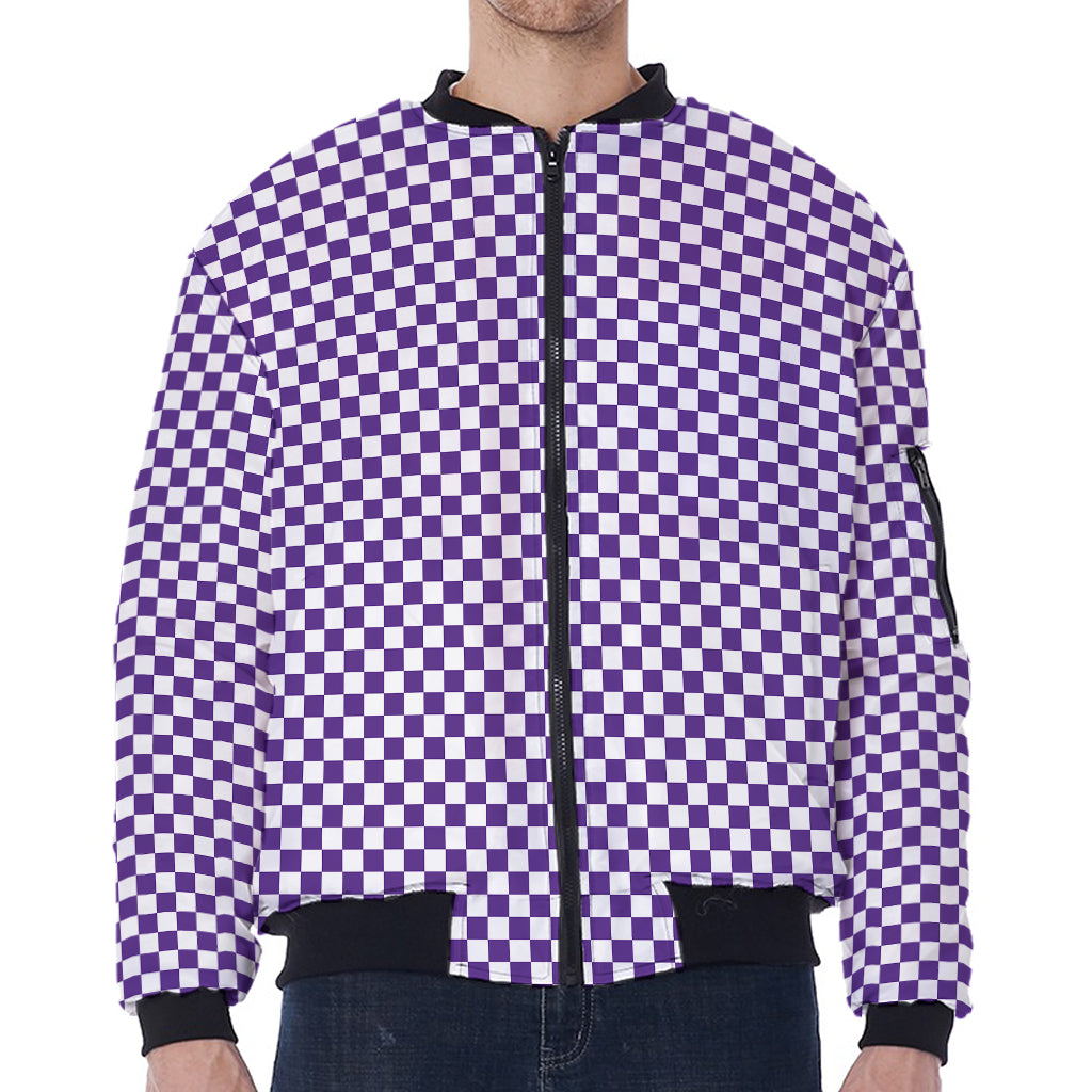 Purple And White Checkered Pattern Print Zip Sleeve Bomber Jacket