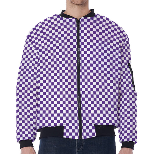 Purple And White Checkered Pattern Print Zip Sleeve Bomber Jacket