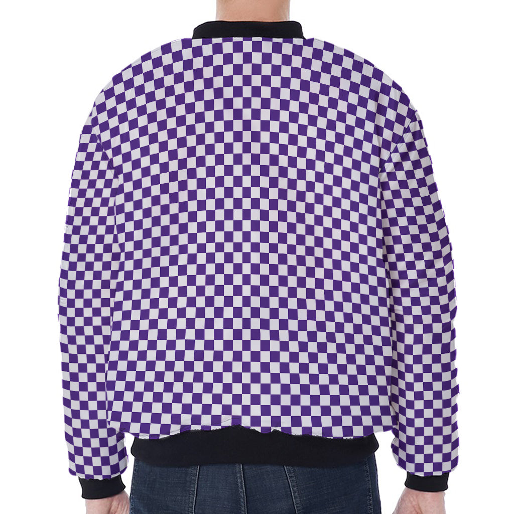 Purple And White Checkered Pattern Print Zip Sleeve Bomber Jacket