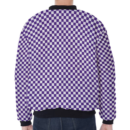Purple And White Checkered Pattern Print Zip Sleeve Bomber Jacket