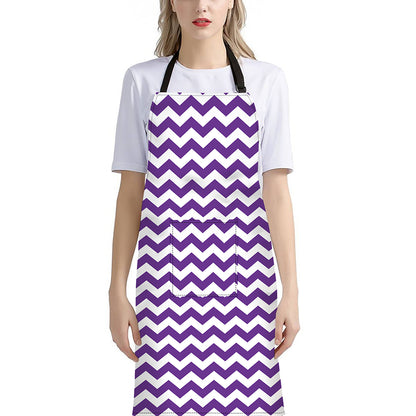 Purple And White Chevron Pattern Print Bib Apron With Pocket