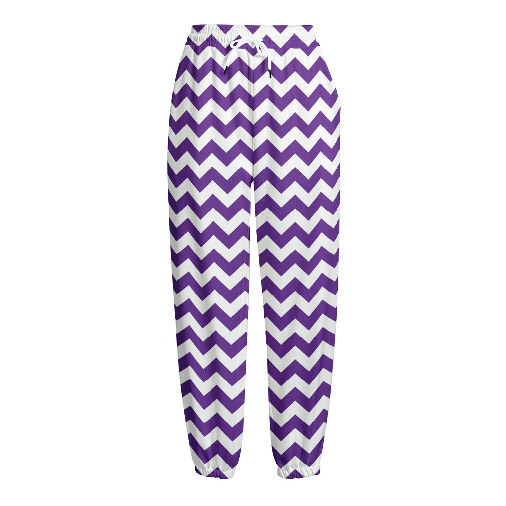 Purple And White Chevron Pattern Print Fleece Lined Knit Pants