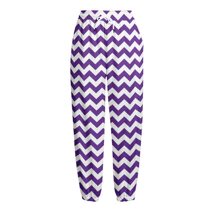 Purple And White Chevron Pattern Print Fleece Lined Knit Pants