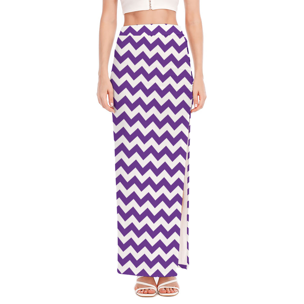Purple And White Chevron Pattern Print High Slit Maxi Skirt