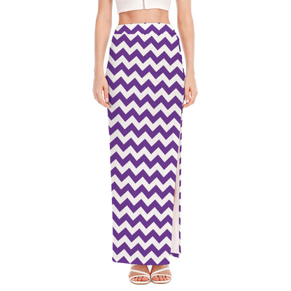 Purple And White Chevron Pattern Print High Slit Maxi Skirt