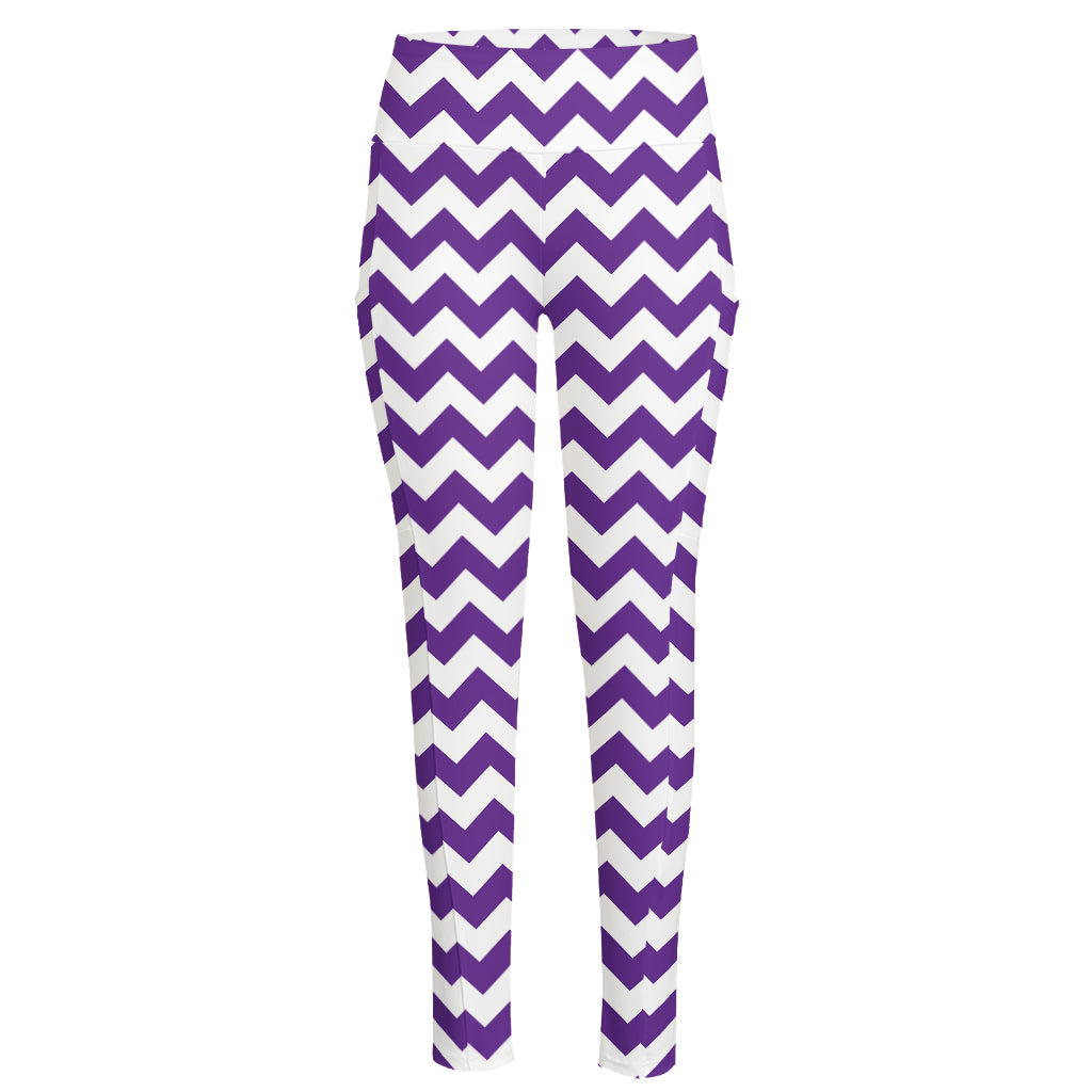Purple And White Chevron Pattern Print High-Waisted Pocket Leggings