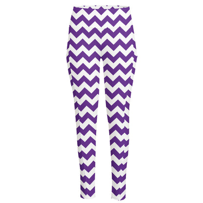 Purple And White Chevron Pattern Print High-Waisted Pocket Leggings