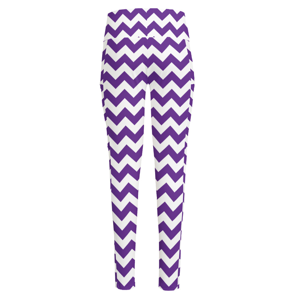 Purple And White Chevron Pattern Print High-Waisted Pocket Leggings