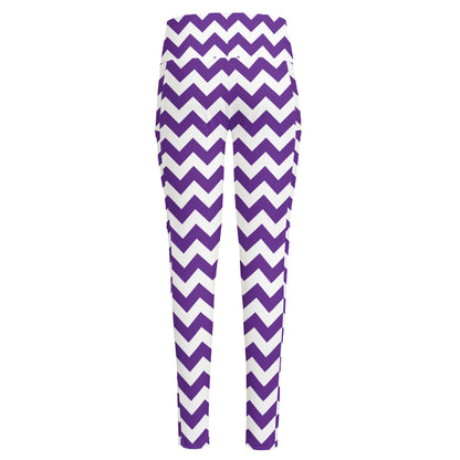 Purple And White Chevron Pattern Print High-Waisted Pocket Leggings