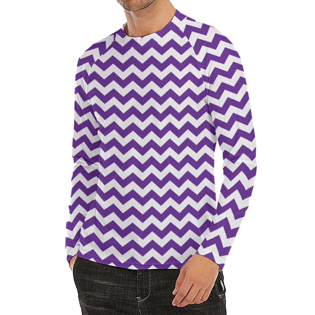 Purple And White Chevron Pattern Print Men's Long Sleeve Rash Guard
