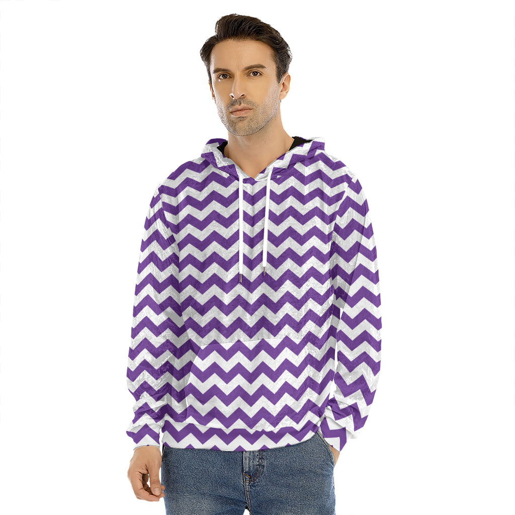Purple And White Chevron Pattern Print Men's Velvet Pullover Hoodie