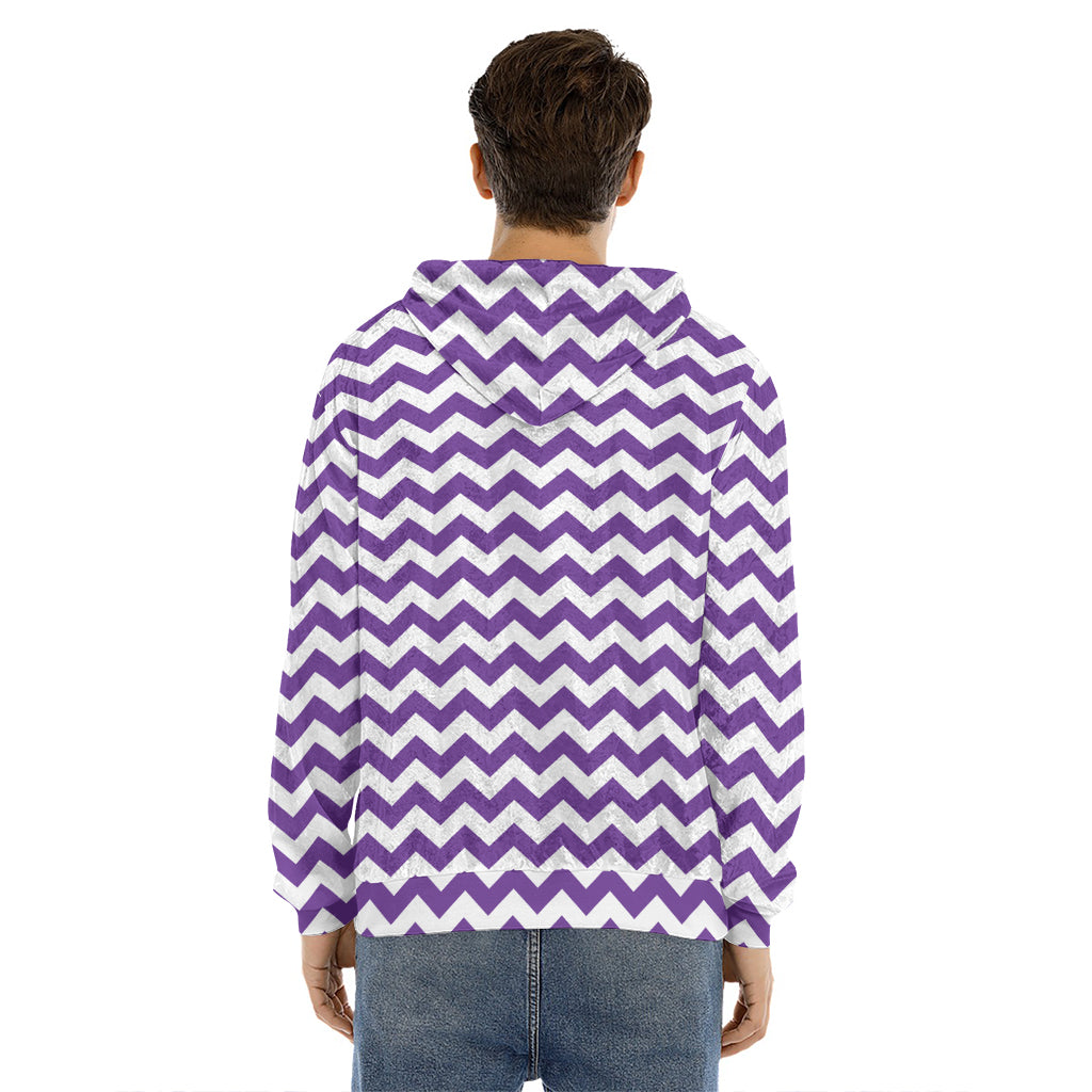 Purple And White Chevron Pattern Print Men's Velvet Pullover Hoodie