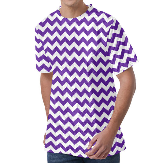 Purple And White Chevron Pattern Print Men's Velvet T-Shirt