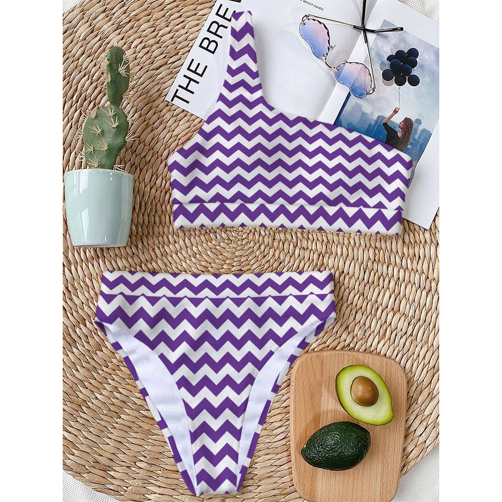 Purple And White Chevron Pattern Print One Shoulder Bikini Top